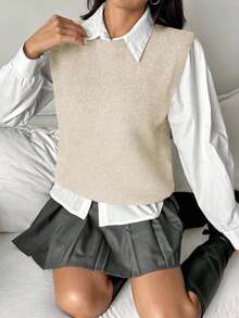 SHEIN Unity Women's Casual Versatile Solid Color Knit Vest - Beige - View 5