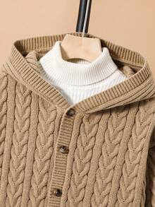 SHEIN 一件装青少年男童休闲运动学院风复古连帽针织开衫，扭结设计，适合儿童返校，也适合生日派对、晚宴、演出、婚礼、洗礼、开幕式等场合，日常穿着舒适，适合上学、旅行、运动，也适合秋冬季节。 - 卡其色 - 查看 3