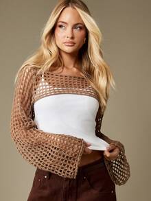 MISSGUIDED Crochet Bell Sleeve Knit Shrug Fishnet Bolero Cropped Sweater Winter Fall Fashion Open Knit Sheer Layering Coverup Formal Wedding Party Boho