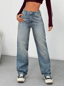 EURMUSE Jean denim taille haute slim droit, lavage vintage Y2K - Jean bleu - Voir 1