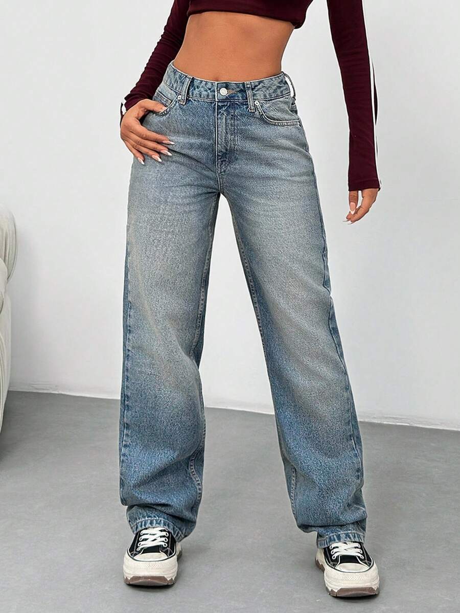EURMUSE Jean denim taille haute slim droit, lavage vintage Y2K - Jean bleu - Voir 1