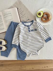 SHEIN 2 件套男婴幼儿新生儿 0-3 岁春夏休闲日常穿着条纹华夫格针织长袖连体衣 + 裤子套装 - 藍色 - 查看 1
