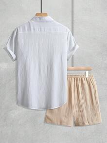 Manfinity RSRT 男士休闲纯色短袖衬衫和短裤套装，夏季 - 彩色 - 查看 2