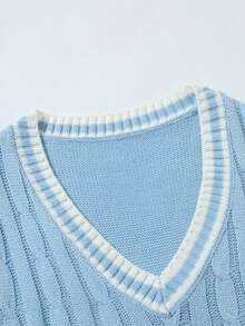 Manfinity Hypemode Men's Casual Daily Collegiate Striped Trim Cable Knit V-Neck Sweater Vest, Old Money, Fall Winter Clothes - Multicolor - View 5