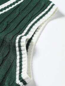 Manfinity Hypemode Men's Casual Daily Collegiate Striped Trim Cable Knit V-Neck Sweater Vest, Old Money, Fall Winter Clothes - Multicolor - View 6