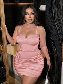 NU&NOW 加大码女式纯色褶皱露背紧身吊带背心连衣裙，适合音乐节、派对、庆典 - 藕粉色 - 查看 7