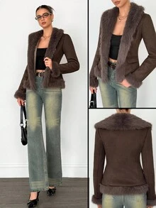 SHEIN Tall Women's Long Sleeve Open Front Faux Fur Fashion Jacket Women Brown Jacket In Fall/Winter - Brown - View 3