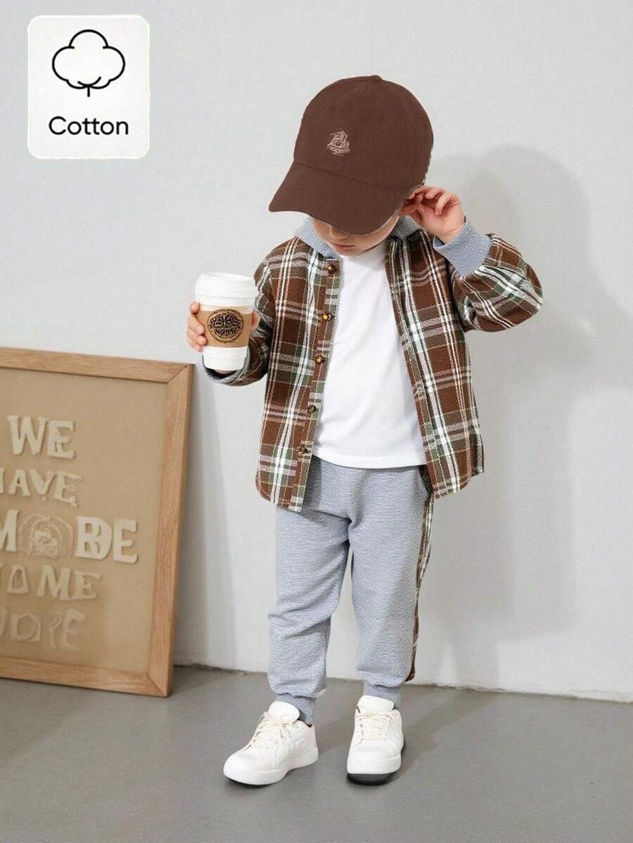 SHEIN Playful Pals 2 件套男童格子连帽夹克和运动裤套装，春秋季幼儿格子男童格子夹克 - 棕色 - 查看 1