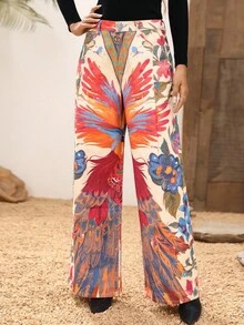 EMERY ROSE Women's High Waist Floral & Animal Print Wide Leg Jeans, Vacation Style - Multicolor - View 5