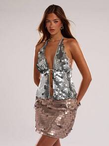 SHEIN BAE Sequin Halter Backless Top - Silver - View 7