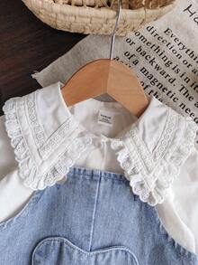 SHEIN Vintaside Kids 2 件女婴休闲可爱领长袖衬衫和围兜裤套装，带有 3D 花卉装饰，适合春秋季日常穿着