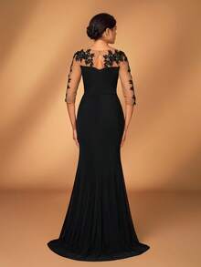 Serin 优雅奢华刺绣蕾丝透明长袖弹力针织网眼褶饰荷叶边美人鱼下摆连衣裙，适合婚礼、派对、度假、庆典、新娘送礼会