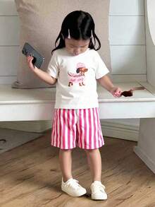 Bộ áo thun ngắn tay và quần short kẻ sọc in hình cún con dễ thương cho bé gái, thời trang và thoải mái, thích hợp cho mùa hè. - Nhiều màu - Xem 1