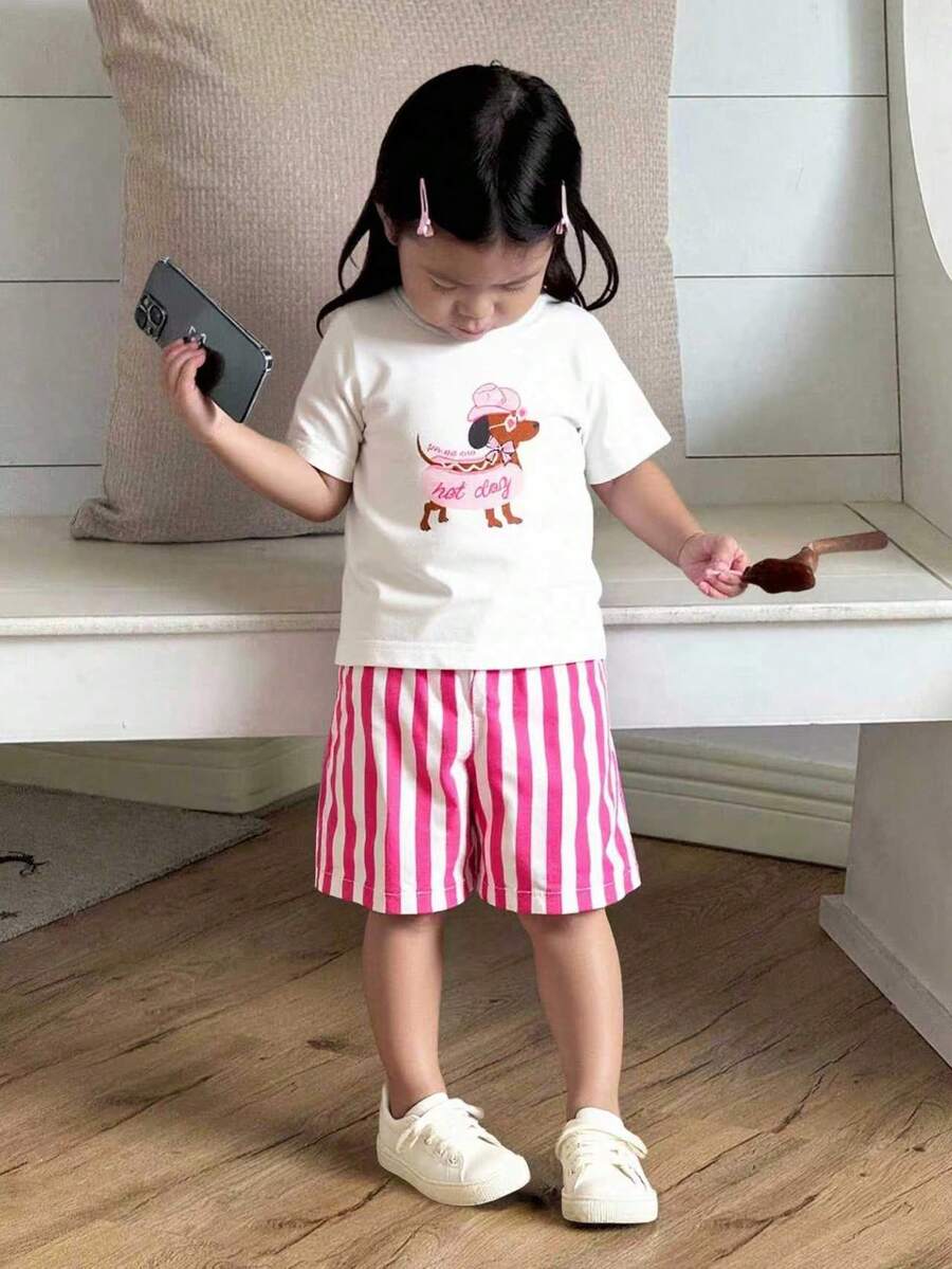 Bộ áo thun ngắn tay và quần short kẻ sọc in hình cún con dễ thương cho bé gái, thời trang và thoải mái, thích hợp cho mùa hè. - Nhiều màu - Xem 1