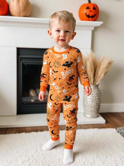 SHEIN Halloween Young Boy Pumpkin & Ghost Print Soft Pajama Set, Cozy Fall Kids Loungewear, Snug Fit Long Sleeve Top And Pants Toddler Sleepwear Toddler Pajamas Boy Halloween Pajamas Winter