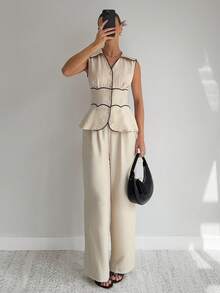 Siren Gaze Women's Summer Casual/Office Contrast Piping Sleeveless Fitted Vest And Loose Straight Leg Suit Pants Set In Fall/Winter Elegant - Apricot - View 4