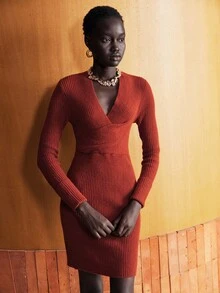 SHEIN X Jwoww Lumivelle 女士优雅时尚简约百搭修身V领罗纹针织毛衣裙，秋冬 - 鏽棕色 - 查看 4