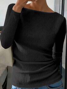 新款纹理修身短袖时尚女式T恤 - 黑色 - 查看 3