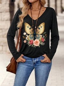 EMERY ROSE Áo thun dài tay cổ chữ V in hình bướm và hoa tối giản dành cho nữ, phù hợp cho mùa thu/đông - màu đen - Xem 1