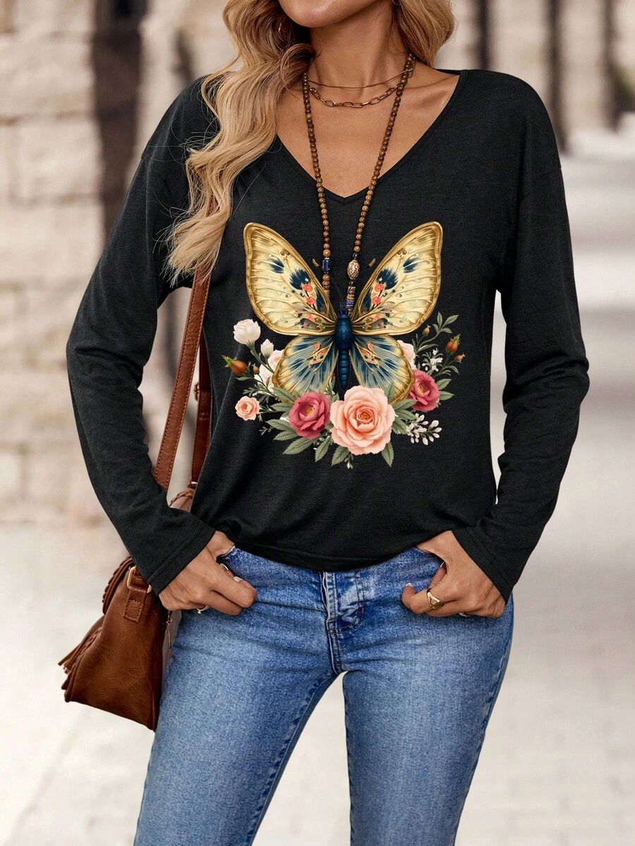 EMERY ROSE Áo thun dài tay cổ chữ V in hình bướm và hoa tối giản dành cho nữ, phù hợp cho mùa thu/đông - màu đen - Xem 1