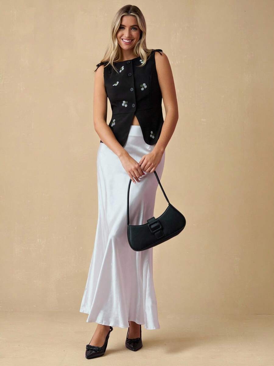 Enchnt Women's Black Floral Embroidered Bowknot Top,Elegant Sleeveless Single-Breasted Summer Tea Party Vest For Vacation,Wedding Guest& Fall Tops - Black - View 1