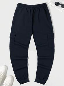 RueChic 100%Cotton Men Flap Pocket Side Drawstring Waist Cargo Sweatpants - Navy Blue - View 2