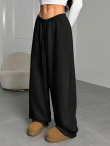 SHEIN EZwear Plus Size Women's Solid Color Drawstring Waist Wide Leg Loose Casual Sweatpants Wide Leg Sweatpants Knit Pants/Winter
