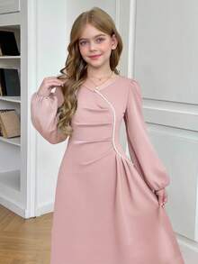 SHEIN Tween Girl Pearls Beaded Lantern Long Sleeve V-Neck Ruched Elegant Solid Pink Midi-Dress, For Autumn Winter - Pink - View 6