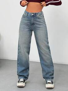 EURMUSE Jean denim taille haute slim droit, lavage vintage Y2K - Jean bleu - Voir 3