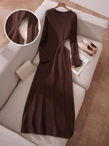 Franclia Women's Chic Coffee Brown Autumn Everyday Elegant Hollow Out Knit Maxi Dress,Retro Long Sleeve Flare Sleeve Fitted Party Wedding Guest Dress - Coffee Brown - View 1