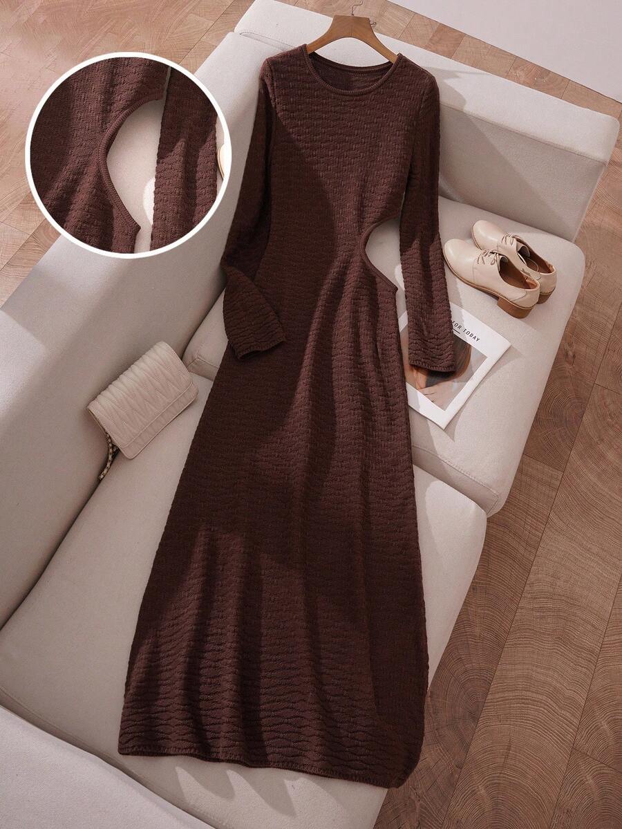 Franclia Women's Chic Coffee Brown Autumn Everyday Elegant Hollow Out Knit Maxi Dress,Retro Long Sleeve Flare Sleeve Fitted Party Wedding Guest Dress - Coffee Brown - View 1