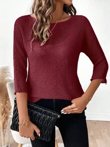 EMERY ROSE Women's Casual Solid Color 3/4 Sleeve Pullover Sweater - Burgundy - View 3