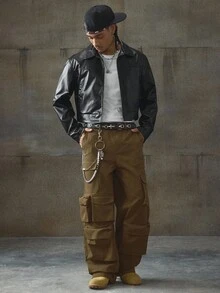 AXEPEAK Men's Turndown Collar Long Sleeve Front Zipper Short Jacket, Fall Winter, Grunge - Black - View 4