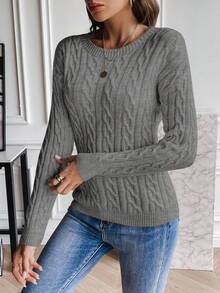 EMERY ROSE 女士休闲日常简约纯色落肩宽松麻花针织套头衫，秋冬 - 灰色 - 查看 4