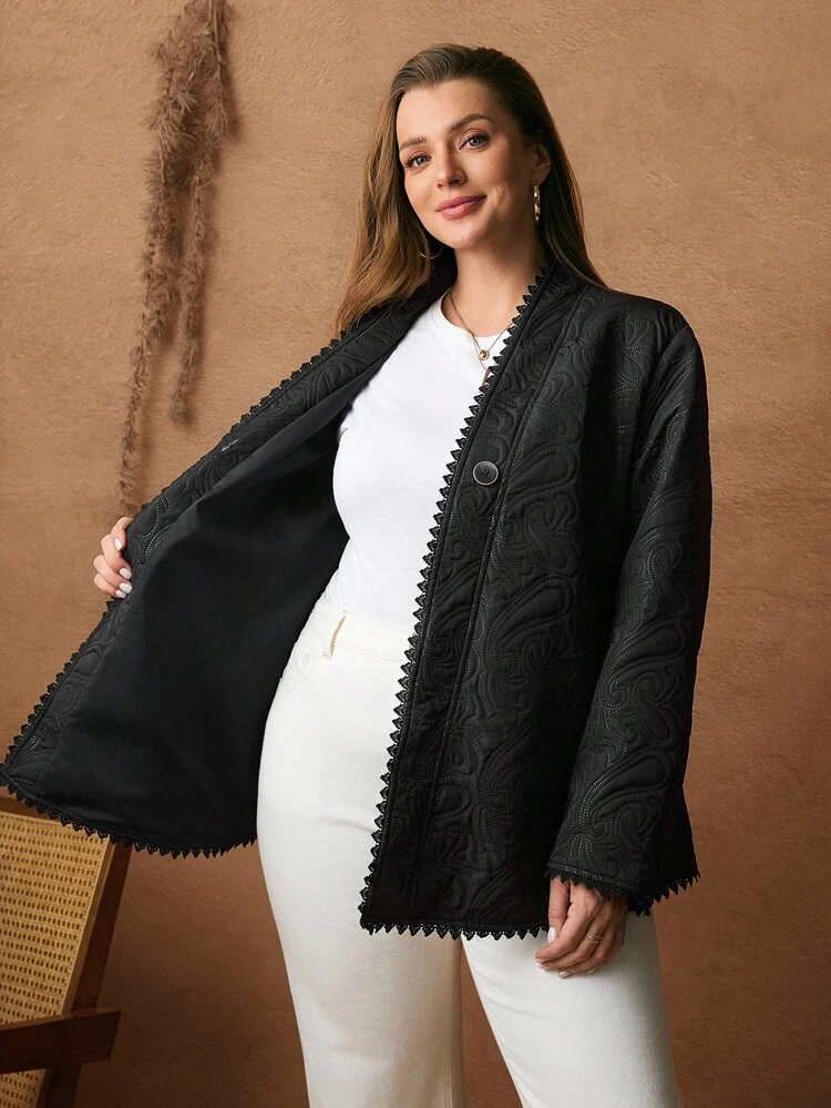 Plus Size Textured Casual Jacket Women Coats Plus Size, Black Jacket, Winter Coats  For Going Out, Casual, Autumn/Winter,2025 New