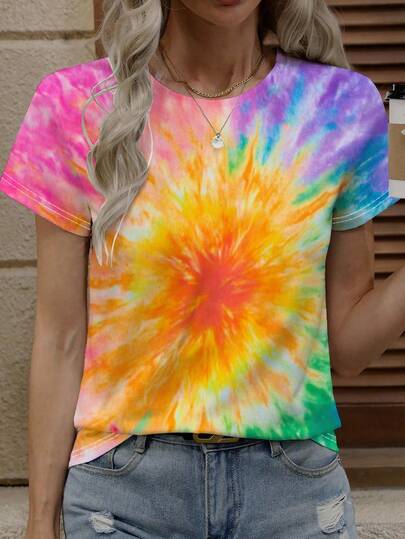Zolique Tie-Dye Casual Round Neck Short Sleeve T-Shirt For Women, Loose Fit Blouse For Spring And Summer