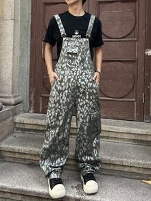 Manfinity EMRG 男士时尚金属印花牛仔背带裤 - 橄欖綠 - 查看 3