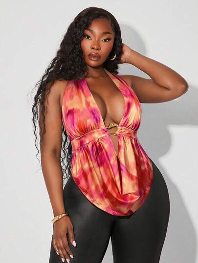 SHEIN SXY Plus Size Women's Spring&Summer Elegant Sexy Daily Basic Tie Dye Draped Neck Halter Ruched Metal Decor Top,Suitable For Everyday Wear, Western Wear