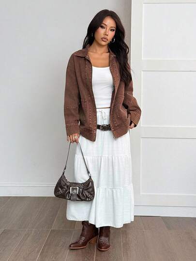 SHEIN PETITE Women's Long Sleeve Casual Western Vintage Stand Collar Pocket Brown Jacket,Fall/Winter, Suitable For Spring And Autumn