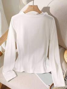 GlowEve Women's Casual Everyday Simple Solid Color Ribbed Gold Button Cardigan T-Shirt, Spring/Autumn Fall Cloth For Women - White - View 2