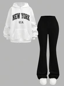 Girlism 少女两件套 碎花灰蓝 休闲百搭 宽松长袖卫衣喇叭裤 返校季 干净女孩 运动服 - 黑與白 - 查看 8