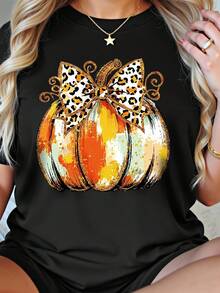 EMERY ROSE Plus Size Women Pumpkin & Leopard Print T-Shirt Halloween