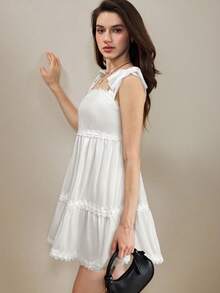 SHEIN Unity Váy ngắn không tay nhiều lớp màu trơn dành cho nữ, trang phục mùa hè - trắng - Xem 5