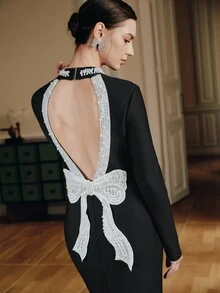 Anewsta 秋季高领露背绷带连衣裙，女士性感束腰露背蝴蝶结派对长裙 - 黑色 - 查看 3