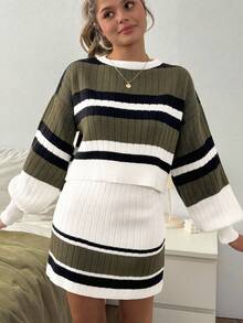 EURMUSE Ribbed Knitwear Co-Ord Set With Colorblock Striped Cropped Sweater And High-Waisted Mini Skirt 2 Piece Casual Sets Woman,Petite,Winter Clothes - Khaki - View 3