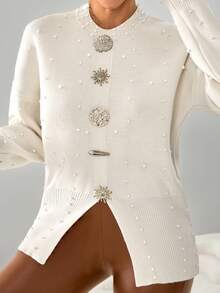 Embellished Pearl Knit Cardigan With Ornate Gold Statement Buttons And Ribbed Crew Neck Detail,Jumper,Jumpers For Women,Cream Jumper,Jumpers,Christmas Jumper,White Jumper,Black Jumper,Ladies Jumper,Tall In Women,Women's Jumpers