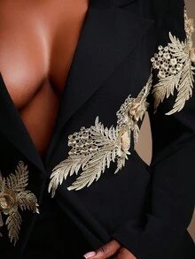 Radiana Plus Size Women's Fall & Winter,Spring&Summer Elegant Gorgeous Glamorous Sexy 2pcs/Set Luxurious Gold Thread Embroidery 3D Flower Embellishment Commuter Style Blazer Suit And Flared Pants Set Black Pants Suit Women Elegant 2 Piece Set Pant Suit Set,Suitable For High Street,Urban,Sexy Office Siren Coquettish,Cruise Attire,Commuting,Business,Retro,Vintage,Party,Resort,Outing,Old Money,Richly Layered,Date Night,Gathering,Minimalism,Birthday,Formal Event,Gyaru,Ibiza,Nashville,Break,Modest,Chic,Casul - Black - View 8