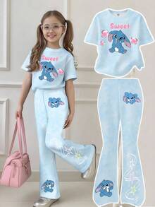 女童数码扎染休闲时尚创意卡通可爱蓝色兔子花朵造型情书标语图案印花休闲风基础款圆领短袖加大码蓝色扎染数码印花喇叭裤两件套 - 彩色 - 查看 3