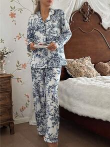 CottageSlumber Chinese Style Figure & Landscape Print Long Sleeve Pajama Set With Collar Matching Lounge Sets, Toile Print Pajamas Blue And White Pajamas Set, Fall Winter Clothes Cozy And Elegant Details - Multicolor - View 5