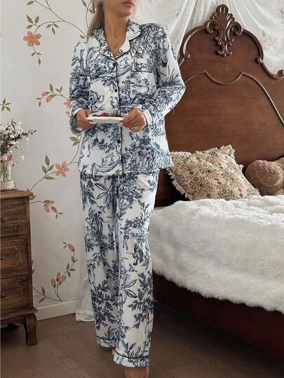 CottageSlumber Chinese Figure scape Print Long Sleeve Pajama Set Collar Matching Lounge Sets, Toile Pyjama Blauw Wit Set, Fall Clothes Cozy Elegante view 5